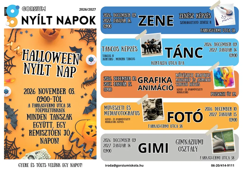 Gorsium nyílt napok: 2026. november 3., december 9–10. és 2027. január 14–15., minden alkalom 9 órától. A szakok és helyszínek a plakáton.